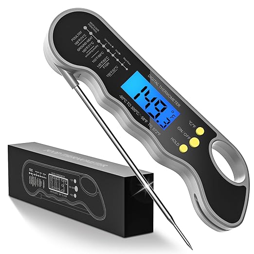 Instant Read Meat Thermometer, Fast & Accurate Digital Food Thermometer with Backlight, LCD Display, IPX6 Waterproof, Calibration Function for Cooking, Frying, Grilling, and Baking (Dark Gray)