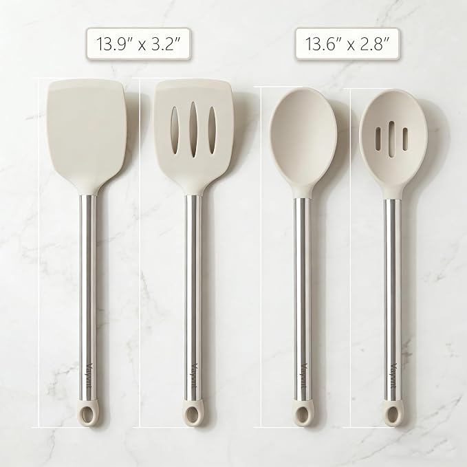 Vayvnt 4PCS Silicone Kitchen Cooking Utensils Set for Nonstick Pan, Khaki | Slotted Solid Turner Spoon, Stainless Steel Handle, Heat Resistant Up to 480℉, Non-toxic, Odorless, Dishwasher Safe