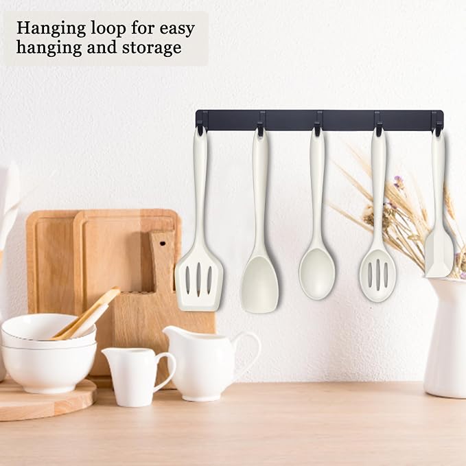 E-far 10 Pieces Silicone Cooking Utensils Set, Heat Resistant, White | Kitchen Utensil Set for Nonstick Cookware, Cooking Tools with Spatula, Spoon, Slotted Turner, Non-Toxic & Dishwasher Safe
