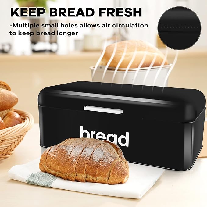 E-far Vintage Bread Box for Kitchen Countertop, Black Metal Bread Storage Container Retro Bread Bin for Pastries/Loaves/Dry Food, Large Capacity & Modern Design (16.7” x 9” x 6.4”)