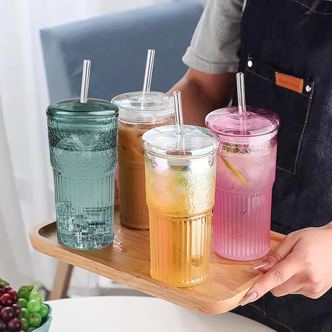 JunVpic Glass Coffee Tumbler, 20 oz Glass Cup with Lid and Straw | Pink glass design, Hammered Texture, reusable straw and lid for iced coffee, tea, smoothies and hot & cold drink