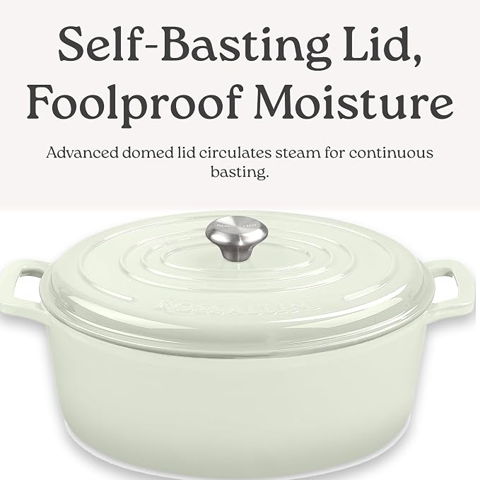 Signature Enameled Cast Iron Oval Dutch Oven | Non-Stick Serving Pot with Tight Fitting Lid for Perfect Roasting, Baking, Sauteing, and Bread Making | 5Q [Cream]
