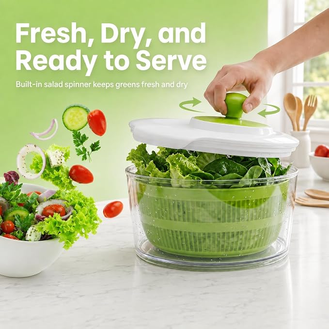 Large Salad Spinner with Slicer - 7-in-1 Lettuce Spinner, Chopper & Grater | Comes with Fruit Washing Bowl with Strainer, Julienne, Spiralizer, Ribbon Cutter and Dicer Attachments. Dishwasher Safe.