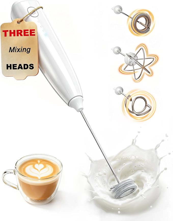 Milk Frother Handheld,Portable Electric Drink Mixer&Wand,Egg Whisk (White) | USB C Rechargeable | 3 Adjustable Speeds | 3 Detachable Whisks | Quiet Operation | For Coffee, Latte, Matcha,protein powder