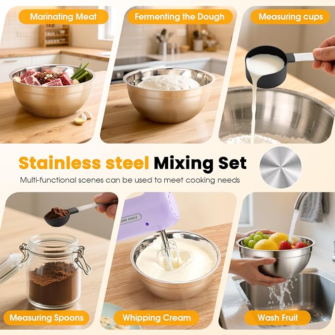 Lord Eagle 5-Speed Hand Mixer Electric With 4 Mixing Bowls Set | 300W Lightweight Kitchen Handheld Mixer with Measuring Cups & Spoons, Stainless Steel Bowls, Baking Supplies for Cake, Purple