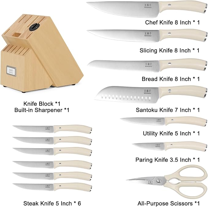 15 Pcs Knife Block Set, Japanese High Carbon Stainless Steel Sharp Blade Knife Set, Razor Sharp Knives Set for Kitchen, Dishwasher Safe, Elegant Box for Men Women, Natural