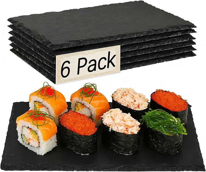 6 Pack 9inch*6inch Slate Cheese Board Natural Sushi Placemat Stone Charcuterie Platter Food Contact Safe Stone Slate for Laser Engraving,Suitable for Party, Gift, Fruit, Meat, Wedding