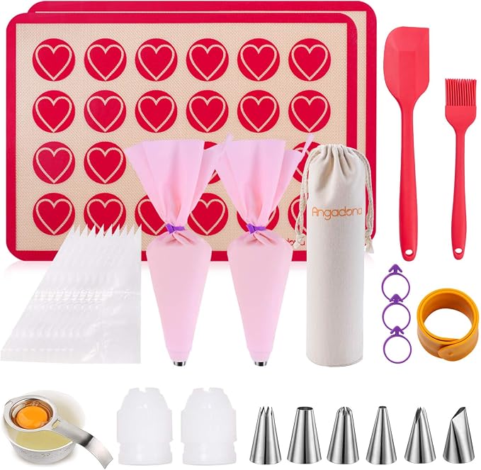 Silicone Macaron Baking Mat Kit - (30 in 1) Macaroon Baking Mat Heart Set,2 Half Sheet Macaron Silicone Mat,1 Egg Separator,1 Pastry Brush,1 Spatula,6 Frosting Tips,12 Piping Bags