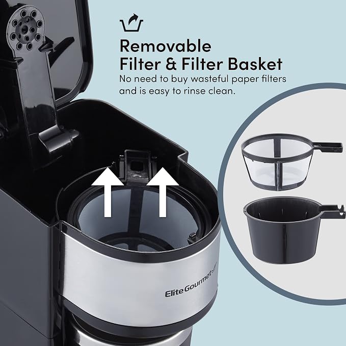 Elite Gourmet EHC-112B Personal Single-Serve Compact Coffee Maker, Black | Includes 14oz stainless steel interior thermal travel mug, reusable filter - compatible with coffee grounds