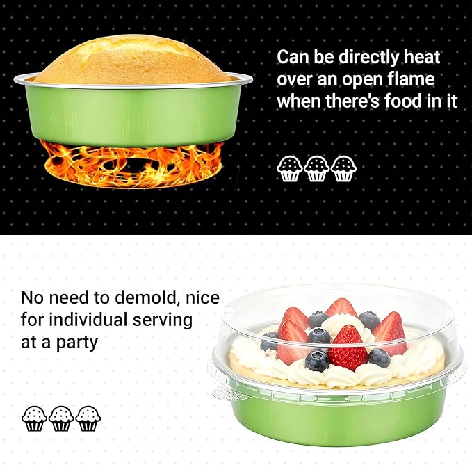 Beasea Mini Tart Pans with Lids 20 Pack, 4" 7.3oz Matcha Green Disposable Aluminum Foil Baking Tins Cups, Round Pie Container Mini Tart Pan for Individual Cupcake Dessert Muffin Cheesecake Quiche