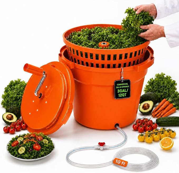 Commercial Salad Spinner - 3 Gallon Large Capacity Lettuce Dryer | 10 Ft Drain Hose & Stop Valve, 12Qt Manual Vegetable Spinner for Restaurants, Catering and Meal Prep