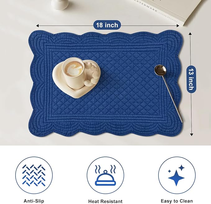 6 PC Quilted Placemats, 18"X13"Extra Large Cotton Placemats Set of 6, 100% Cotton Fabric Washable Cloth Table Mats for Kitchen & Dining Table - Soft &Easy Clean(Sapphire Blue, Rectangular)