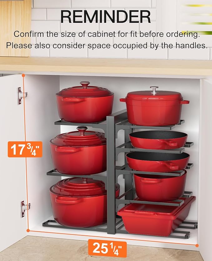 Pots and Pans Organizer Under Cabinet 15.8", 8-Tier Adjustable Black | 2 DIY Modes, Tool-Free Assembly, Max 120 Lbs, Fits Cast Iron Pans, Dutch Ovens & Heavy Cookware, For Kitchen Cabinets