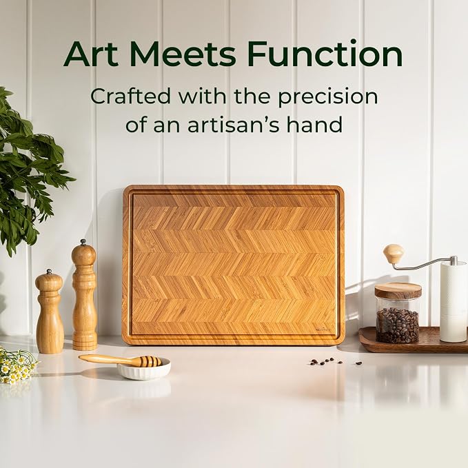 Keechee Atelier Collection Bamboo Cutting Board, Reversible Wood Chopping Boards for Kitchen with Juice Grooves, Handcrafted Large Serving Tray, Luxury Housewarming Wedding Gifts for New Home