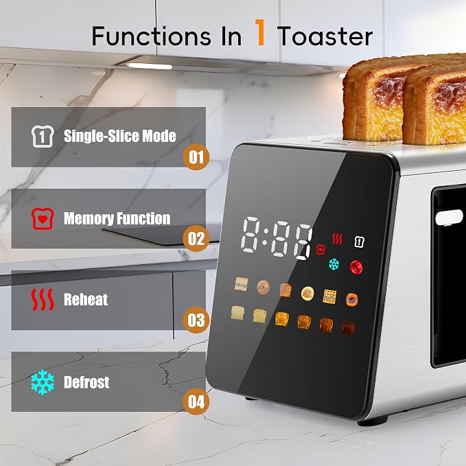 WUNLY Smart Touchscreen 2 Slice Toaster, Wide Slot, Memory & Single-Slot | Digital Timer, Extra Wide Slot for Bagels, 6 Shade Levels & 6 Bread Settings, Reheat, Defrost, Favorite,Platinum