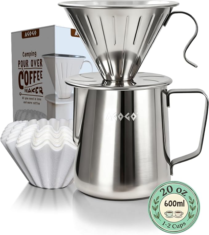 AGOGO Stainless Pour Over Coffee Maker Set, 50 Paper Filters, 20oz, Sliver | Unbreakable carafe for kitchen RV camp and office, includes barista towel, lead-free food grade 304 stainless steel