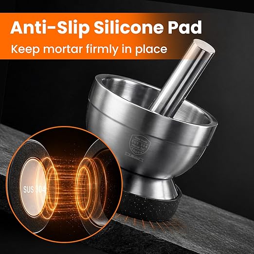 304 Stainless Steel Mortar and Pestle Set with Anti-Slip Silicone Pad | Keeps the bowl steady, Weighty pestle crushes spices, herbs and pills with less effort, Included Cleaning Brush and Lid