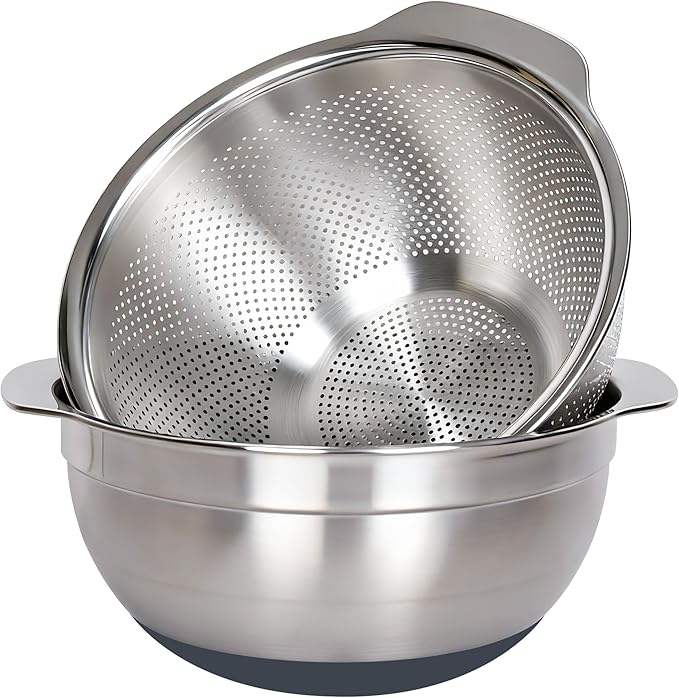 304 Stainless Steel Colander and Strainer, 5QT Large Capacity and 6QT Mixing Bowl, Micropore for Washing Rice, Fruit, and Cooked Pasta, Perfect Draining for Grain and Bean