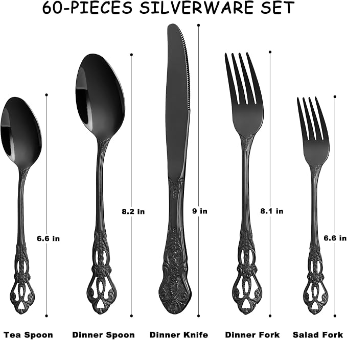 Black Silverware Set for 12, Stainless Steel Gorgeous Retro Royal Flatware Set, 60-Pieces Cutlery Tableware set, Kitchen utensils set Include Spoons And Forks Set, Mirror Finish, Dishwasher Safe