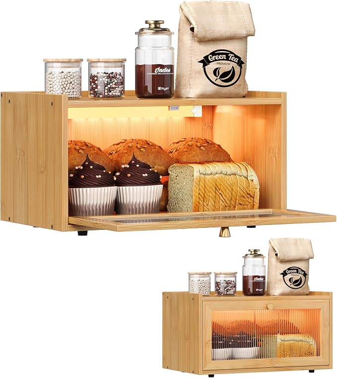 Trironsun Bamboo Bread Box with Led Light for Kitchen Counter Large Capacity Bread Storage Container Kitchen Countertop Organizer with Window Bread Holder (Natural Bamboo)