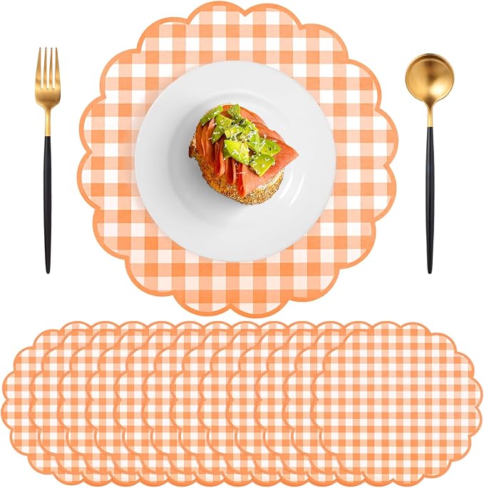 60 Pcs Orange and White Gingham Paper Placemats, Disposable Fall Placemat | 13.5 Inch Scalloped Checkered Place Mats Table Decorative for Picnic Table Setting BBQ Birthday Banquet Outdoors Party