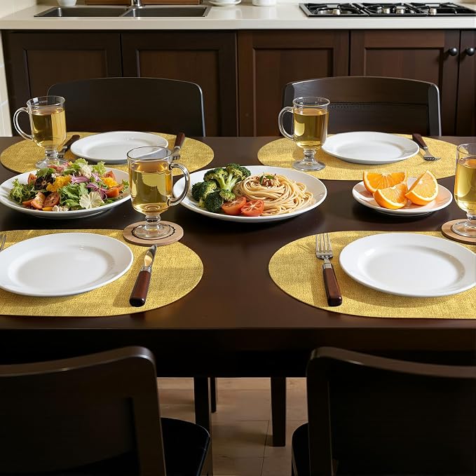 Placemats Set of 4, 11.8 x 17 Inch, Yellow | Heat Resistant Oval Faux Leather Place Mats, Waterproof Wipeable Reversible PU Placemat, Indoor & Outdoor