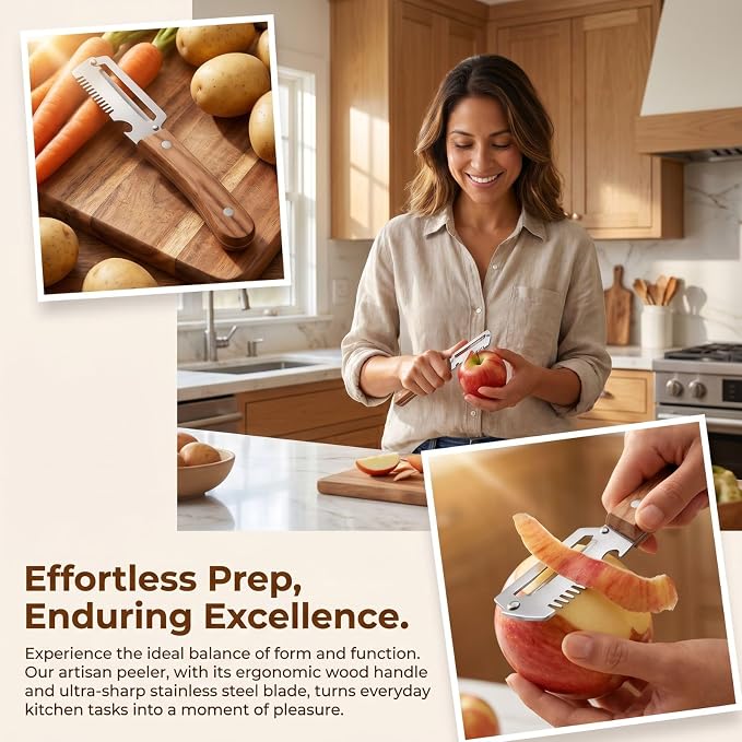 2 PCS Multi-Functional Kitchen Peeler, Professional Kitchen Tool for Chefs Fruit, 3 in 1 Multi Functional Wooden Handle Peeler and Bottle Opener, Kitchen Gadgets for Potato, Carrot, Pumpkin, Apple