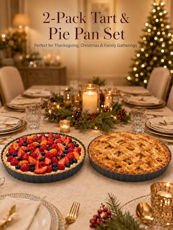 9 Inch Quiche Pans 2 Pack. Removable Bottom, Non-Stick Coating, Rugged Carbon Steel Baking Dish for Tart Quiche Pie. Metal Mold Gift for Women Wife Christmas Thanksgiving Party Festival Family