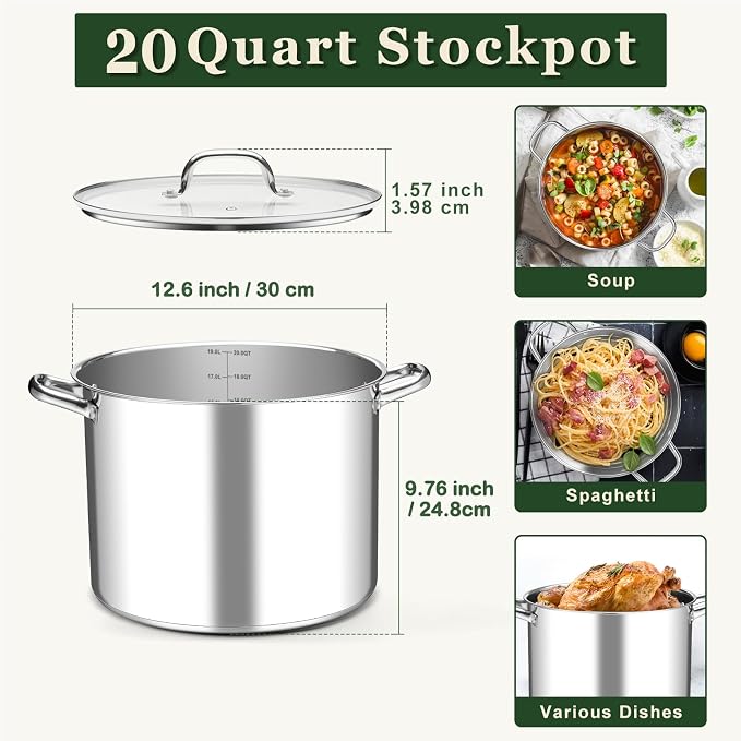 Leonyo 20 Quart Stainless Steel Cooking Pots, Large Stock Pot Cookware | Visible Lid & 3-Ply Base for All Stoves, Heat-conducting & Large
