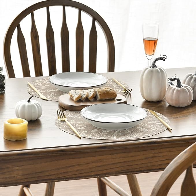 Artoid Mode Beige Eucalyptus Leaves Round Fall Placemats Set of 4-14 Inch | Heat-Resistant, Washable Table Mats, Seasonal Autumn Kitchen Dining Decor