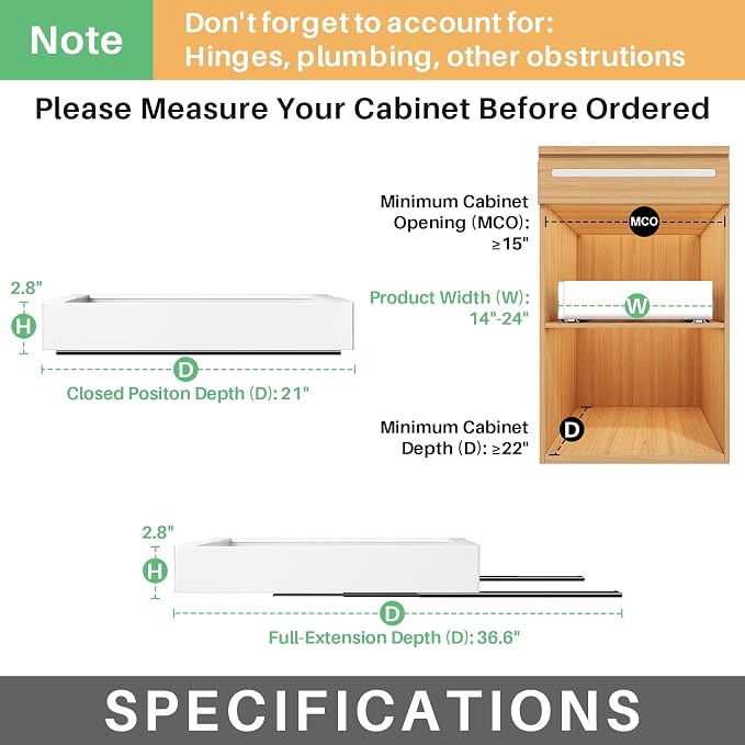 Pull out Cabinet Organizer, Wider Expandable(14"-24") Heavy Duty Slide out Drawers Fixed with Adhesive Nano Film for Pots, Roll out Shelf Storage for Kitchen Cabinet Organization(White-1pc)(3 Rails)