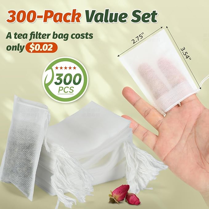 Empty Tea Bags for Loose Leaf Tea, 300Pcs Disposable Tea Infuser Sachets | Fillable Tea Filter Bags with Cotton Drawstring(3.54"X 2.75"), Widely Used for Stewing or Brewing Tea, Coffee, Herb, Spice