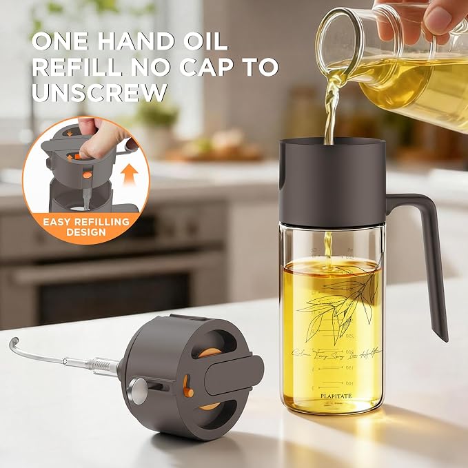 PLAPITATE 17oz/500ml Premium Olive Oil Sprayer for Cooking, 2 in 1 Glass Olive Oil Dispenser Bottle for Kitchen Gadgets, Spray Bottle with Portion Control for Salad, Frying, BBQ (Gray)
