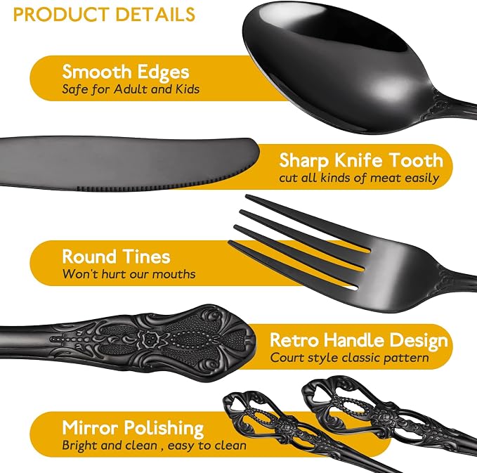 48 Pieces Black Gorgeous Retro Royal Silverware Set with Steak Knives For 8,Stainless Steel Fine Vintage Service Flatware Set Anti-rust Dark Unique Utensil Fork Spoon Knife, Dishwasher Safe