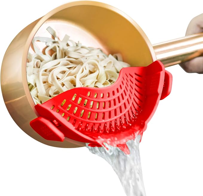 AUOON Clip On Strainer for Pots, Standard 8.86 x 3.55 in, Red | Food-grade Silicone, Fits Pots Pans Bowls, Dishwasher Safe, for Pasta Noodles Vegetable Fruits, Space-saving Kitchen Gadget