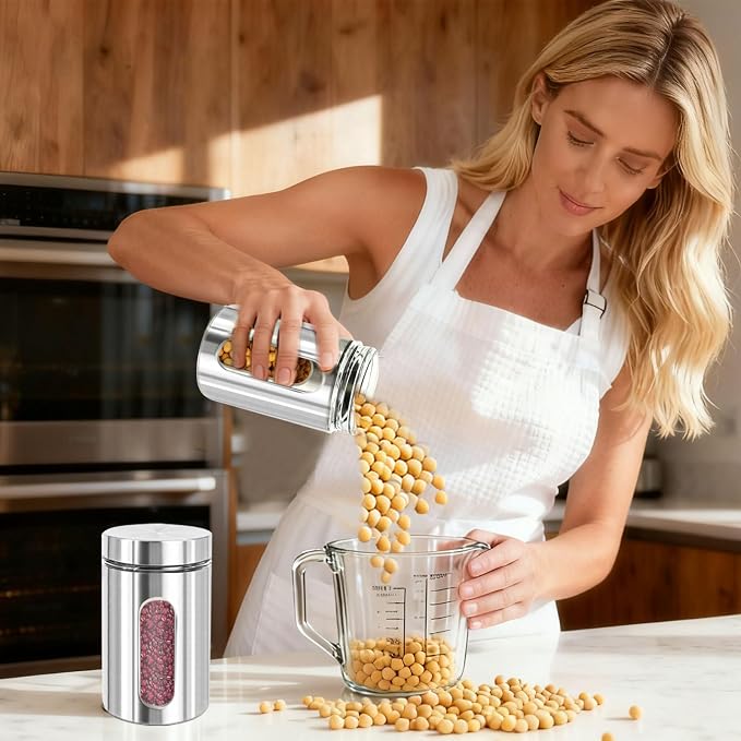 7 Pcs Kitchen Canisters Set with Window Glass 32 oz Stainless Steel Candy Storage Jars with Lids Airtight Coffee Containers for Flour Grains Spices Tea Sugar Cookies Kitchen Decorations