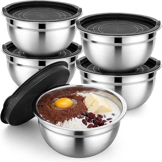 Beasea Stainless Steel Mixing Bowls, 5 Pack 1.5 QT Stackable Nesting Mixing Bowls with Lids, Metal Bowl with Lid for Baking, Meal Prepping, Salad, Serving, Food Storing