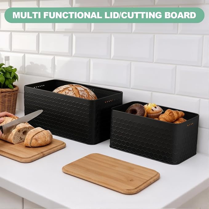 Metal Bread Box Set of 2 with Bamboo Lid, Modern Bread Storage Containers with Air Vents, Bamboo Cutting Board Lid, Farmhouse Kitchen Decor Organizer for Countertop, 2-Size,Embossed Black