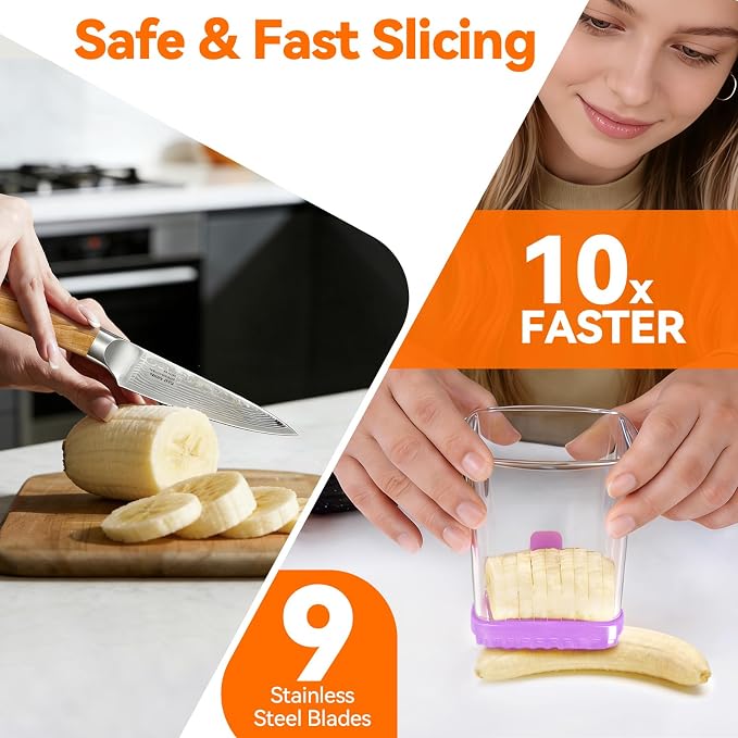 Fruit Slicer Cup for Strawberry, Banana, Hard-Boiled Egg - Detachable Cutter with Push Plate - Rapid & Safe Slicing Kitchen Gadget for Quick Meal Prep (Purple)