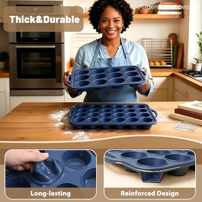 2 Pack Silicone Muffin Pan 12 & 24 with Frame Non Stick Cupcake Baking Tin | Silicone Mini Cupcake Pan with Handles, BPA Free Silicon Regular Muffin Tin Tray Small for Baking, Egg Bites Mold Vnray Grey