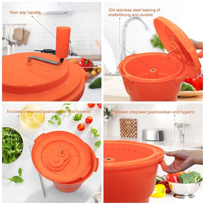 Commercial Salad Spinner 2.5 Gal / 10 Qt Heavy Duty Manual Lettuce Dryer with Stainless Steel Shaft, Large Capacity Vegetable Dryer Basket with Brake & Drain System for Restaurant Kitchen & Food Prep