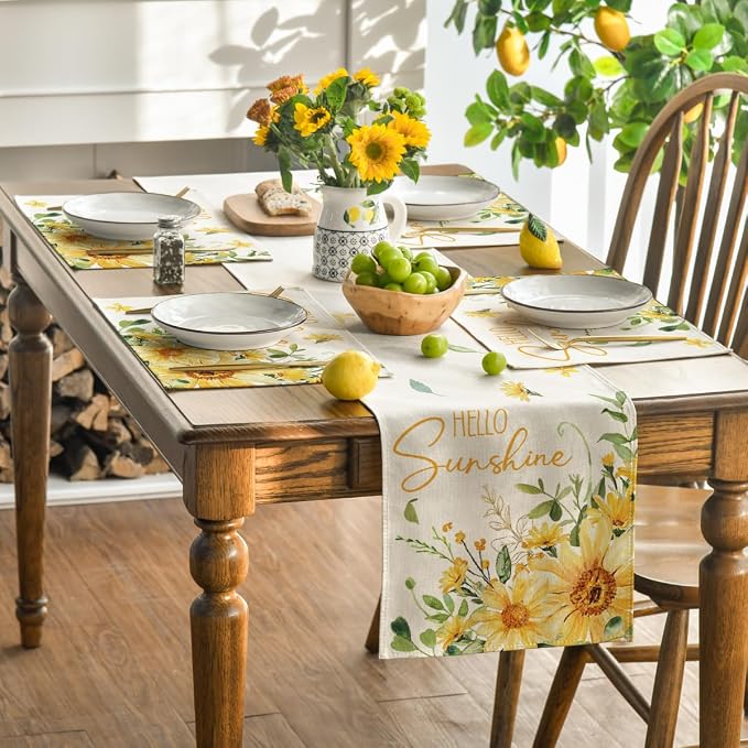 Artoid Mode Hello Sunshine Sunflower Summer Placemats Set of 4, 12x18 Inch Seasonal Spring Holiday Table Mats for Party Kitchen Dining Decoration