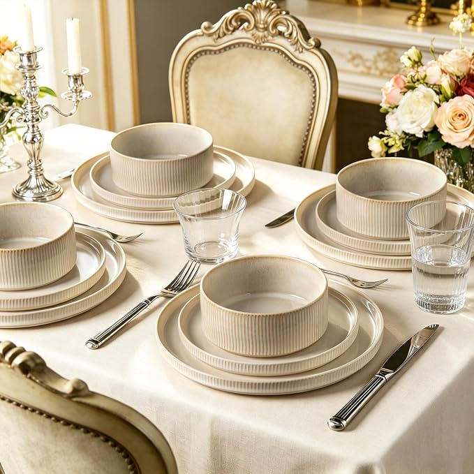 Stoneware Dinnerware Sets for 4, 12Pcs Ribbed Plates and Bowls Set, Beige | Handmade Reactive Glaze Ceramic Dishes, Microwave and Dishwasher Safe, Modern Minimalist Tableware for Everyday Use