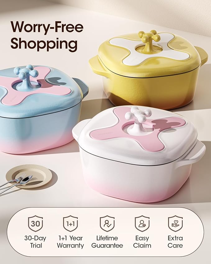 5 Qt Enameled Cast Iron Dutch Oven with Lid, Cream Pink White | 6-Layer Nonstick Enamel, Extra Capacity Oval Design, Heavy Self-Basting Lid, Heat-Resistant Silicone Pad Included