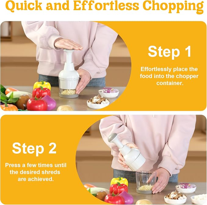 Food Chopper with Container, 360-Degree Blades, Dishwasher Safe, White | Onion & Vegetable Chopper,Handheld Garlic Nut Veggie Cutter,Clear Bowl for Easy Texture Checks,Smooth Push-Down Chopping
