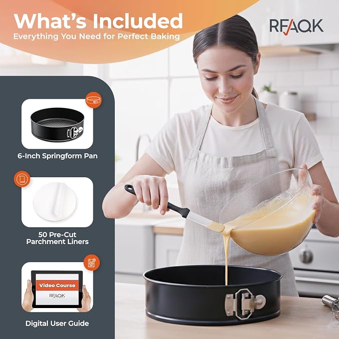 RFAQK 6 Inch Springform Pan with Removable Bottom & 50pcs Parchment Paper - Non-Stick Leakproof Cheesecake & Cake Pan 6 Inch, Fits 3 Qt Inst-Pot, Small Springform Pan for Baking