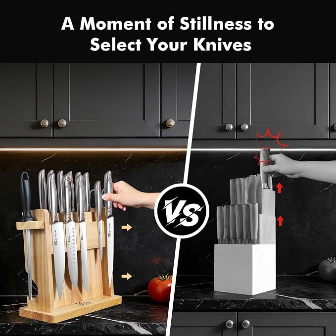 Japanese Knives Set for Kitchen, Magnetic Knife Set with Block and Sharpener, Stainless Steel Knife Set as Gift for Couple, Wedding, Women or Mom with Gift Box, 14 PCS Red Dot