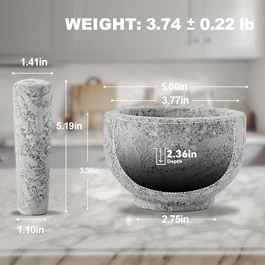 Natural Marble Mortar and Pestle Set, 5" Heavy Duty Granite Grinder for Kitchen, Guacamole, Salsa, Pill Crusher, Spice, Herb, Marble Bowl for Kitchen Counter, Granite Spice Grinder Bowl
