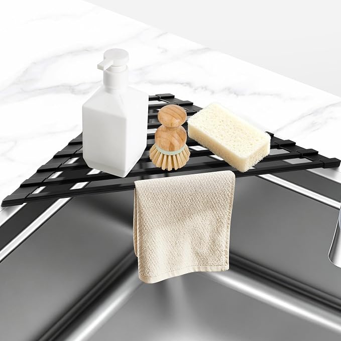 Small Foldable Triangle Roll Up Dish Drying Rack for Sink Corner, Black | Collapsible Stainless Steel with Silicone Coated Over Sink Rack, Space Saving Kitchen Sink Caddy Organizer for RV & Camper