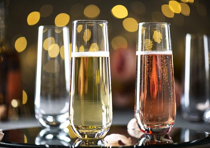 KooK Stemless Glass Champagne Flutes, Cocktail Cups for Rose, 9.4 oz (Classic Set of 4) Prosecco, Mimosa, Great for Weddings and Parties, Dishwasher Safe